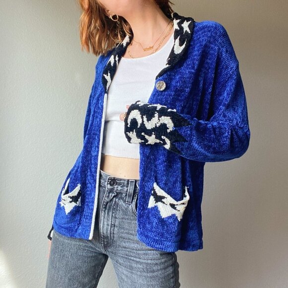 Vintage Co & Eddy Blue Chenille Button Up Cardigan w/ Star Moon Print Trim - Picture 2 of 8
